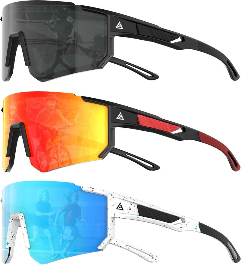QALLY Store 3PACK Kids Sunglasses Youth Baseball Sunglasses for Boys Girls Age 4-14, Softball Cycling UV400 Protection Sports - Image 1